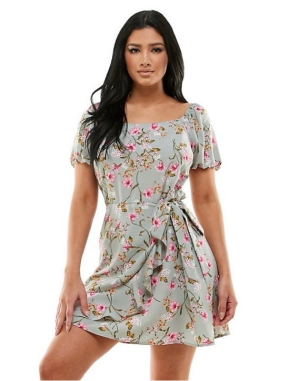Lily Rose Sage Floral Tie-Waist Dress with Pink Blossoms